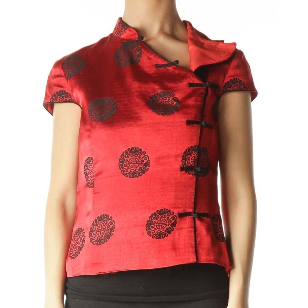 SINO London Red Black Shiny Silk Jacquard Knit Qipao Top